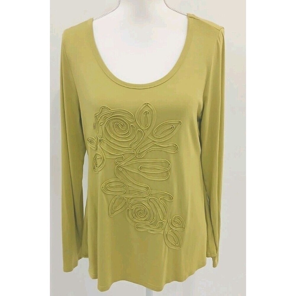 Soft Surroundings Chartreuse Green Floral Ribbon Applique Top Medium‎